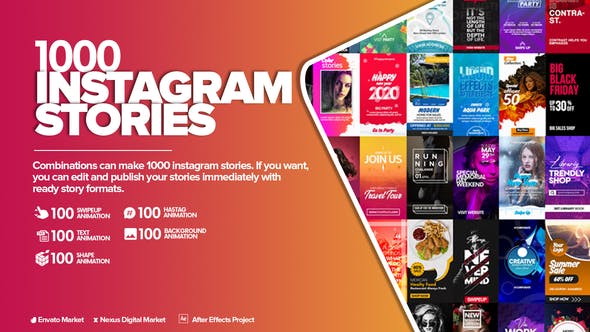 AE模板-1000个现代流行INS竖屏封面图文排版设计动画包 Instagram Stories Pack