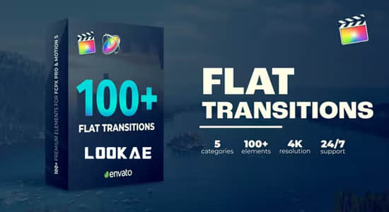 FCPX插件-100个平移滚动弹跳扭曲拉伸旋转缩放转场 Flat Transitions