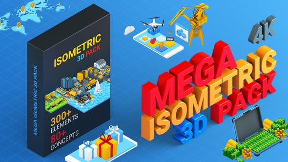 AE模板-300种卡通图形三维等距场景MG元素动画包 Isometric Mega Pack