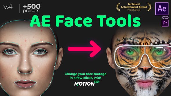 AE脚本-人脸面部追踪贴图表情化妆美颜丑化换脸锁定变形特效预设工具 AE Face Tools V4.1 版 + 使用教程