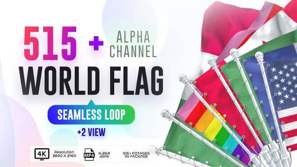 4K视频素材-515个世界各国地区旗帜飘扬动画 Seamless Loop Of World Flags Footages Pack + Alpha