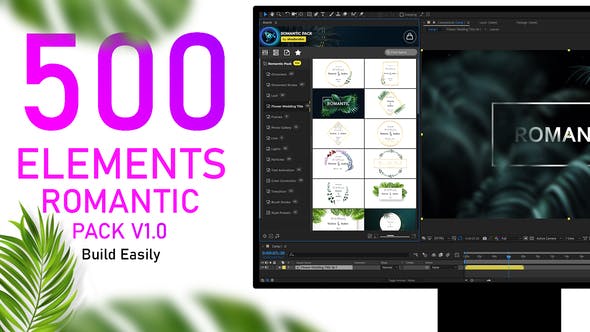 AE脚本-500种浪漫婚礼爱情文字标题转场调色藤蔓花纹光效粒子动画 Romantic Pack V1.0