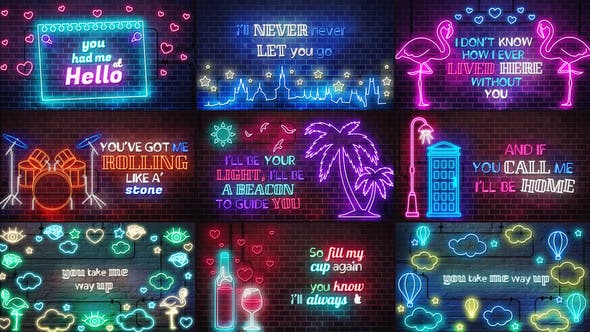 AE模板-创意时尚霓虹发光图形文字歌词模板动画 Neon Lyrics Template