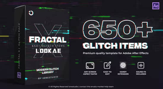 AE脚本-650个信号故障损坏干扰特效文字标题转场动画预设 FRACTAL X Glitch Pack