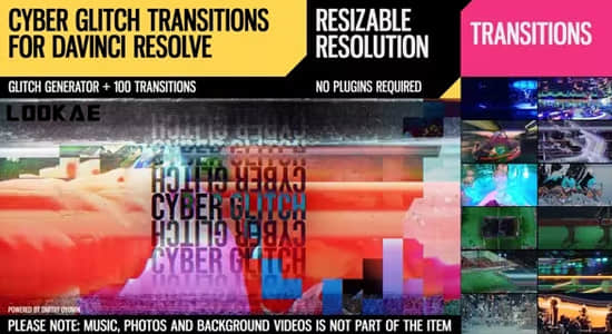 故障干扰音效4K视频素材+达芬奇转场模板 Cyber Glitch Transitions for DaVinci Resolve