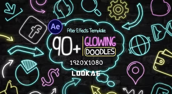 90种手绘霓虹发光图形动画AE模板 Glowing Doodles Pack