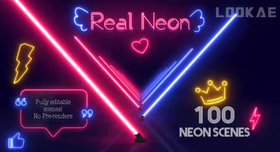 100组创意真实霓虹发光图形动画AE模板 Real Neon