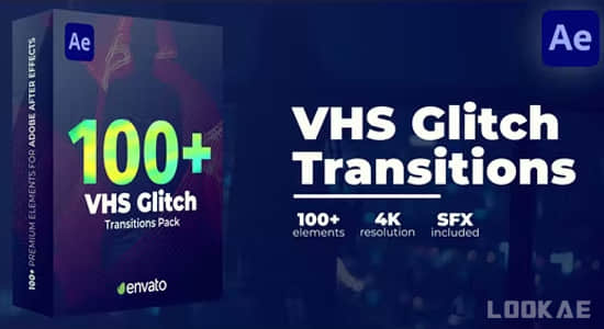 100种复古录像带故障干扰毛刺损坏视频转场预设AE/PR模板 VHS Glitch Transitions