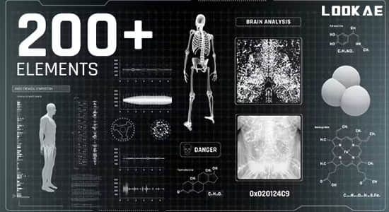 AE模板-200组科技感医学实验研究数据人体HUD信息图表UI动画
